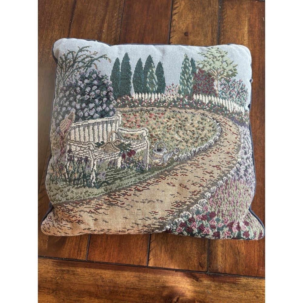 Vintage Lot Of 2 Tapestry Throw Pillow Garden Bench Floral Landscape Cottagecore